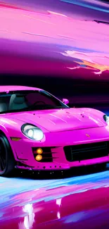 A vibrant neon sports car in a futuristic urban setting with vivid pink hues.