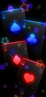 Neon cards with colorful glowing stars on a black background.