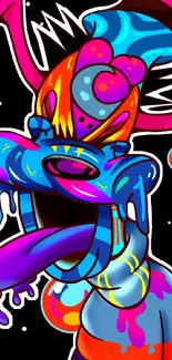 Vibrant neon cartoon character with cosmic bubbles.