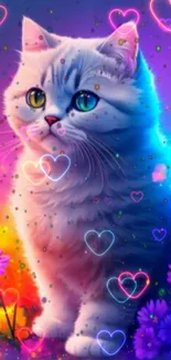 Colorful cat and flowers with neon hearts on a vibrant blue background.