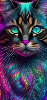 Vibrant neon cat art with colorful fur and striking green eyes.