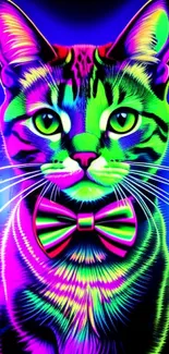 Vibrant neon cat art with bright colors and a bow tie.