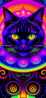 Psychedelic neon cat with vibrant, colorful patterns on a black background.