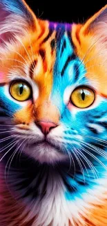 Vibrant neon cat with orange and blue hues on black background.