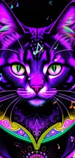 Vibrant neon psychedelic cat with musical notes wallpaper.