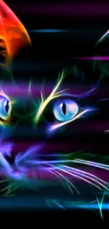 Vibrant neon cat digital art wallpaper with colorful accents on a dark background.