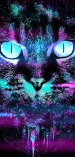 Vivid neon cat art with colorful splashes and a mystical design on black background.