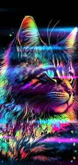 Neon cat in vibrant colors on black background.