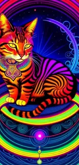 Vibrant neon cat artwork with psychedelic colors and intricate design.