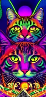 Psychedelic neon cat design with vibrant colors.