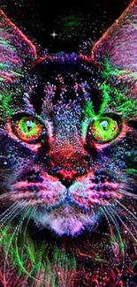 Vibrant neon cat art with colorful glowing eyes on a dark background.