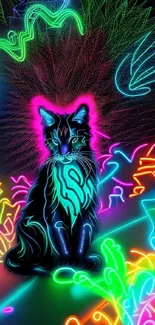 Vibrant neon cat art with glowing lines on a dark background.