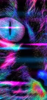 Vibrant neon cat face with colorful hues designed for phone wallpaper.