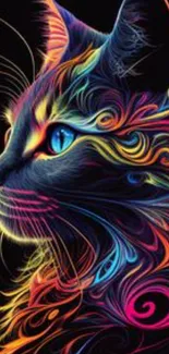 Vibrant neon cat art with intricate designs and vivid colors against a black background.