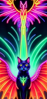 Colorful neon cat with glowing wings and mystical art design.