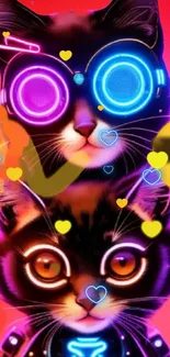 Vibrant neon cats and emojis wallpaper art.