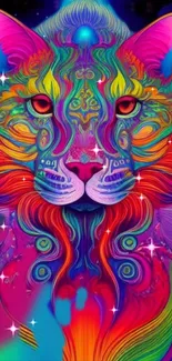 Vibrant psychedelic neon cat art with vivid colors and intricate design.