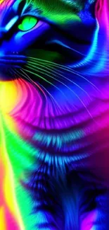 Vibrant neon rainbow-colored cat art