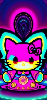 Vibrant neon cat art with psychedelic design, perfect for mobile wallpaper.