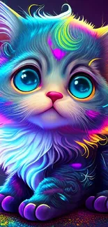 Vibrant neon cat with big blue eyes and colorful fur.