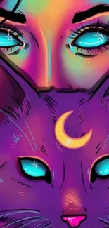 Vibrant neon art wallpaper featuring a mystical cat with crescent moon on forehead.