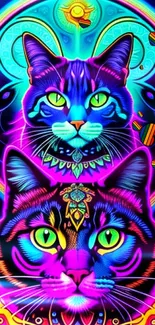 Psychedelic neon cat artwork with vibrant colors and intricate designs.