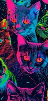 Colorful neon cats collage on mobile wallpaper.