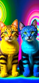 Two vibrant neon cats in a colorful setting.