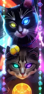 Two vibrant neon cats with colorful glowing eyes.