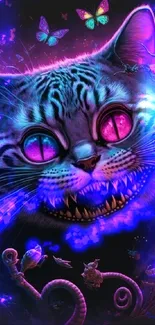 Vibrant neon fantasy cat with glowing colors and whimsical butterflies.