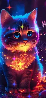 Fantasy wallpaper of a glowing neon cat with butterflies in vibrant colors.