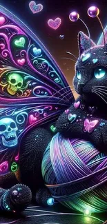 Neon fantasy cat with butterfly wings in digital art style.