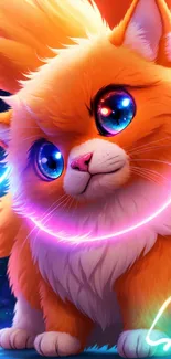 Vibrant orange neon cat with glowing eyes in cosmic fantasy art style.