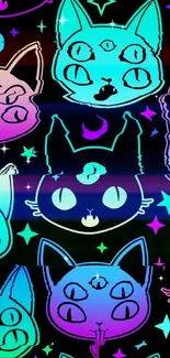 Vibrant neon cat pattern on dark background, perfect for mobile.