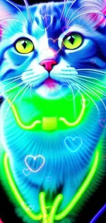 Vibrant neon cat with blue hues and colorful outlines on a black background.