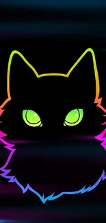 Neon cat silhouette with colorful glowing outline on black background.