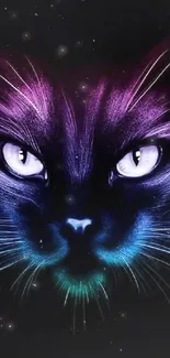 Neon cat with glowing eyes on dark background.