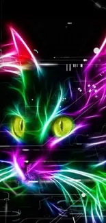 Vibrant neon cat artwork with glowing lines.