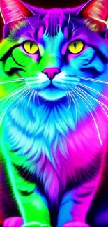 Vibrant neon cat with psychedelic colors.