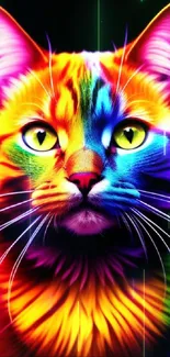 Vibrant neon rainbow-colored cat against black background.