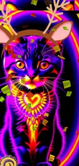 Vibrant neon cat with colorful antlers on a glowing background.