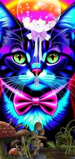 Vibrant neon cat with mushrooms, in psychedelic colors.