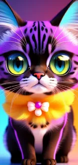 Vibrant neon cat with big eyes and colorful fur on a gradient background.