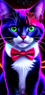 Vibrant neon cat with green eyes and a red bow tie on a colorful background.