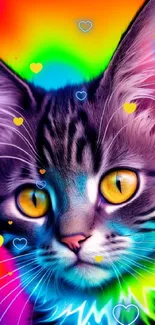 Vibrant neon cat with glowing yellow eyes on a colorful background.