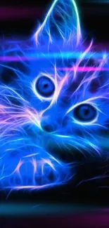 Neon cat with glowing blue and purple hues on a dark background.