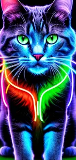 Vibrant neon cat with glowing colors and artistic design.