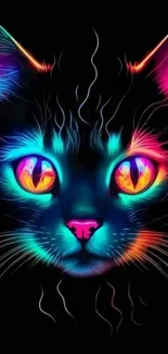 Vibrant neon cat face with glowing colors on black background.