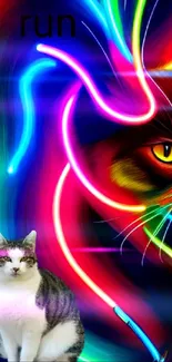 Mobile wallpaper with vibrant neon lights and two cats.