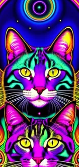 Neon cats with vibrant colors on an abstract blue background wallpaper.